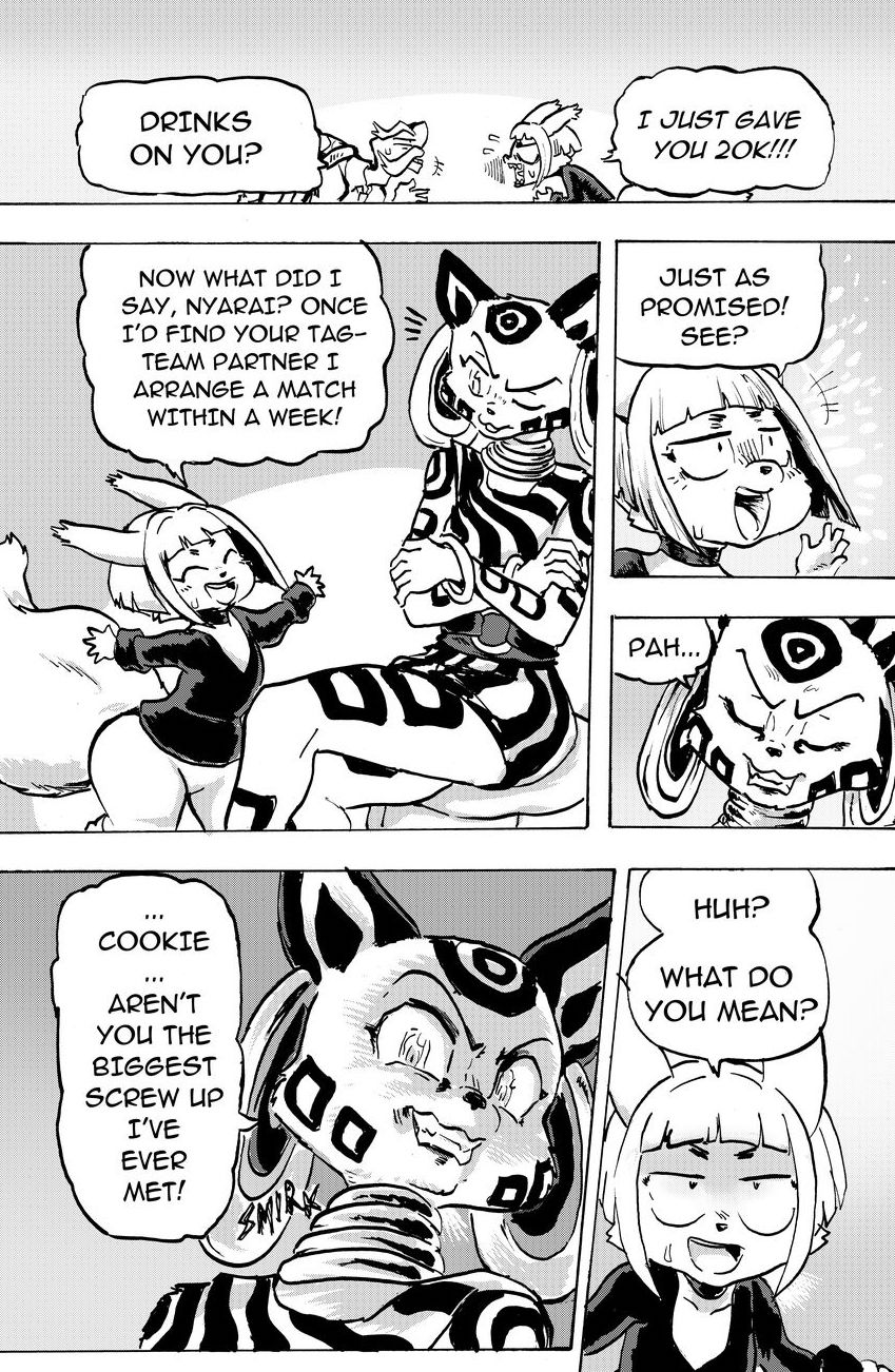 angry clothed clothing dialogue dress ear_piercing ear_ring piercing ring_piercing smile text daigaijin furryfight_chronicles cookie_(furryfight_chronicles) dinedon nyarai_(furryfight_chronicles) cheetah felid feline mammal reptile rodent scalie sciurid turtle comic english_text hi_res monochrome