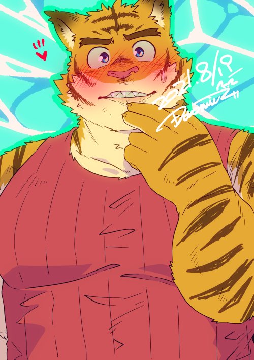 anthro blue_eyes blush clothed clothing fur male muscular muscular_male pink_nose red_clothing red_shirt red_tank_top red_topwear rubbing_chin shirt simple_background solo striped_body striped_fur stripes tank_top teeth topwear yellow_body doromiez morenatsu torahiko_(morenatsu) felid mammal pantherine tiger 2021