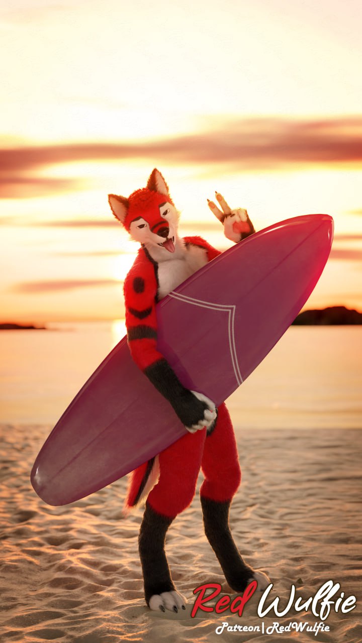 anthro beach blep casual_nudity covering covering_self fur gesture gloves_(marking) hand_gesture holding_object leg_markings looking_at_viewer male markings nude orange_body orange_fur outdoor_nudity outside realistic sand sea socks_(marking) solo standing sunset surfboard tail tongue tongue_out v_sign water white_body white_fur red_wulfie blender_cycles red_(red_wulfie) canid canine canis mammal wolf 2024 3d_(artwork) 9:16 blender_(artwork) digital_media_(artwork) hi_res