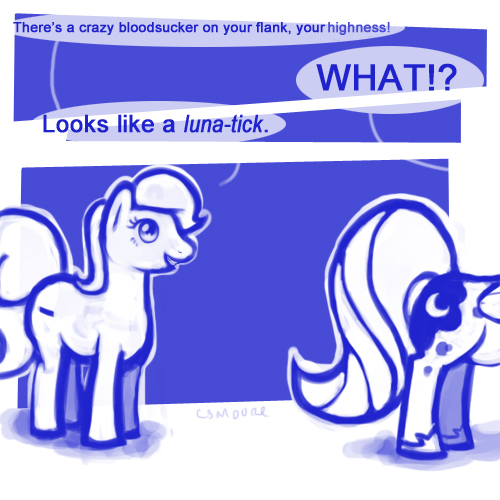 abstract_background cutie_mark dialogue duo female feral humor pun quadruped simple_background tail text clorin_spats ask_pun friendship_is_magic hasbro my_little_pony fan_character princess_luna_(mlp) pun_pony earth_pony equid equine horse mammal pony 1:1 blue_and_white comic english_text low_res monochrome source_request