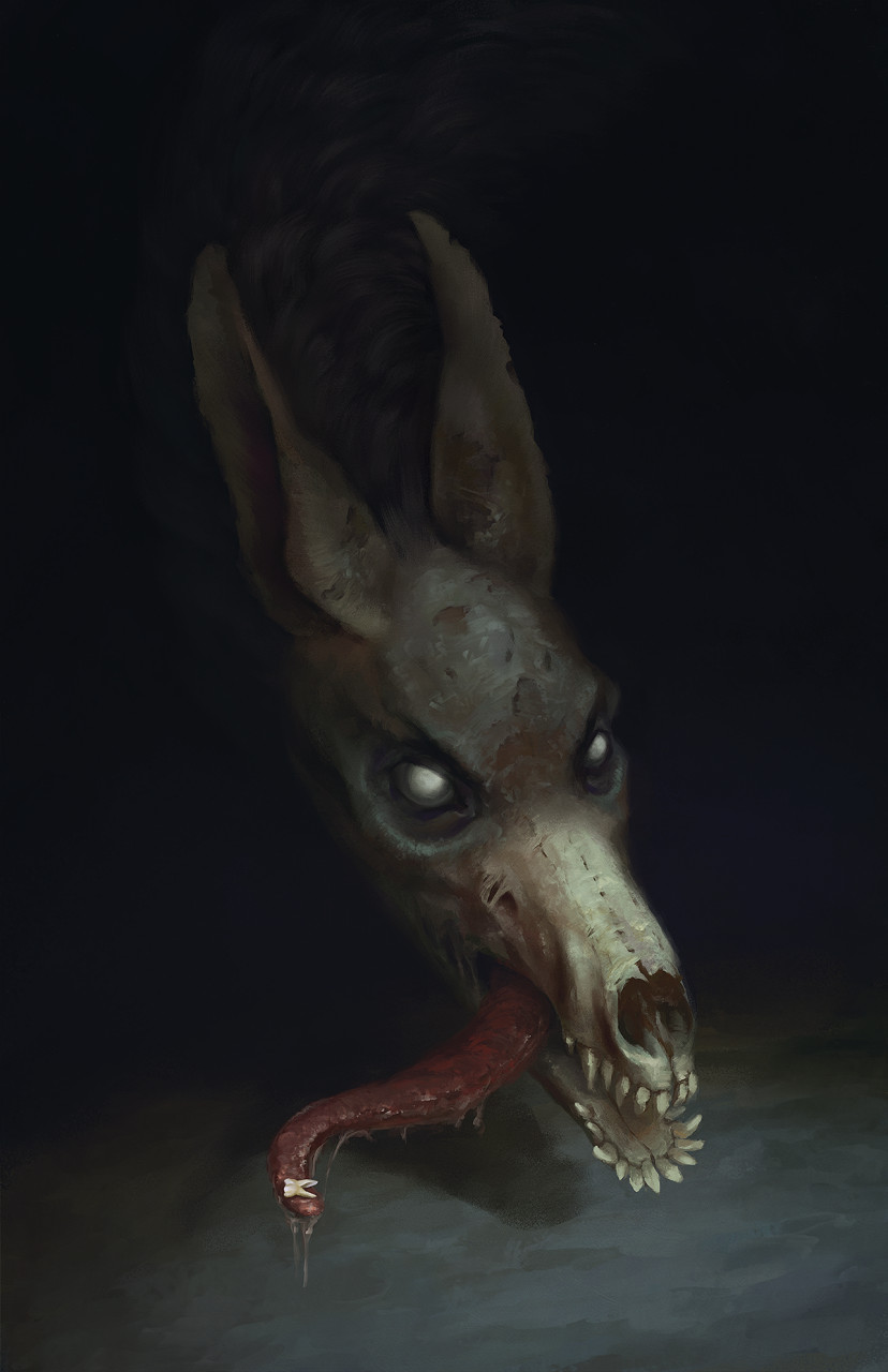 bodily_fluids bone dark_room feral fur saliva skull skull_head teeth tongue tongue_out bra1neater monster unknown_species 2022 digital_media_(artwork) hi_res portrait