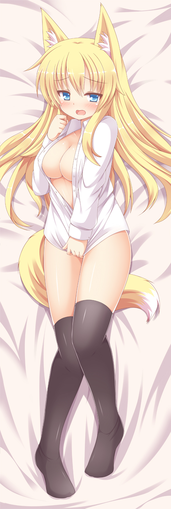 blonde_hair blue_eyes blush breasts clothed clothing dakimakura female hair legwear long_hair looking_at_viewer lying on_back open_clothing open_mouth open_shirt open_topwear partially_clothed shirt solo tail thigh_highs topwear yuu_(yu0221f) animal_humanoid canid canid_humanoid canine canine_humanoid fox fox_humanoid humanoid mammal mammal_humanoid dakimakura_design hi_res