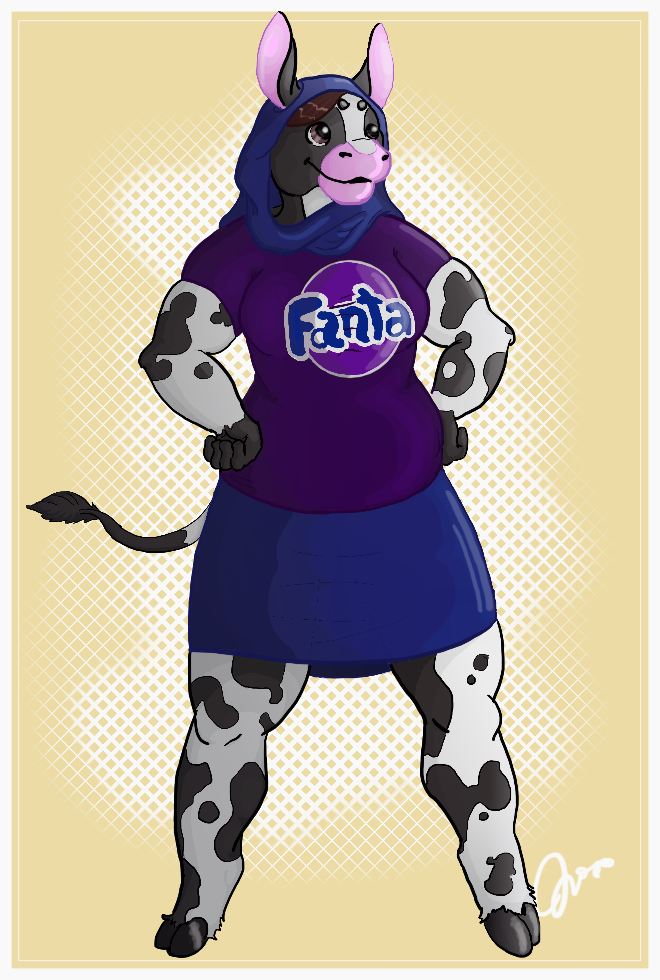 anthro border bottomwear clothing female markings shirt skirt solo spots spotted_body t-shirt topwear white_border junijoobs fanta bovid bovine cattle mammal