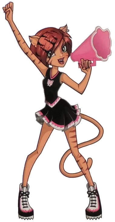 anthro brown_hair cheerleader clothed clothing ear_piercing female green_eyes hair lips piercing solo glen_hanson kellee_riley mattel monster_high toralei_stripe domestic_cat felid feline felis mammal werecat werecreature werefelid werefeline official_art