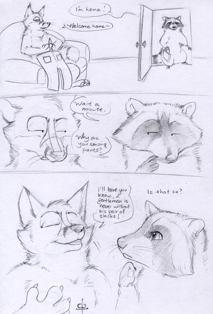 ambiguous_gender bottomwear clothing dialogue duo feral fur male pants sewing spouse text paper-wings sylvian canid canine fox mammal procyonid raccoon 2014 comic english_text monochrome sketch