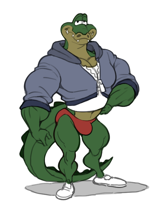 anthro bulge clothing footwear hoodie looking_at_viewer male muscular muscular_anthro muscular_male navel shirt shoes simple_background sneakers solo speedo swimwear t-shirt thick_thighs topwear white_background analon_(artist) animalympics bolt_jenkins alligator alligatorid crocodilian reptile scalie