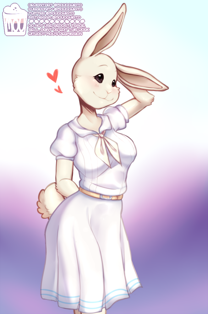 anthro arm_tuft ascot blouse cheek_tuft clothing elbow_tuft facial_tuft female fur gradient_background heart_symbol school_uniform simple_background smile solo topwear tuft uniform white_body white_fur wide_eyed moucchiato beastars haru_(beastars) domestic_rabbit dwarf_rabbit lagomorph leporid mammal oryctolagus rabbit