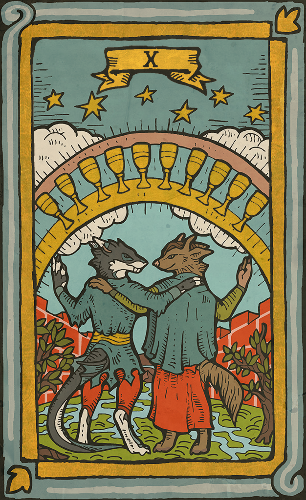 anthro card card_template clothed clothing cloud cups_(tarot) duo fangs fortune_telling fur hair horn looking_at_another minor_arcana outside sabertooth_(anatomy) sky smile standing star tail tarot tarot_card teeth ten_of_cups_(tarot) musorok mythology rumion canid canine canis domestic_dog dragon mammal mythological_creature mythological_scalie scalie digital_media_(artwork)