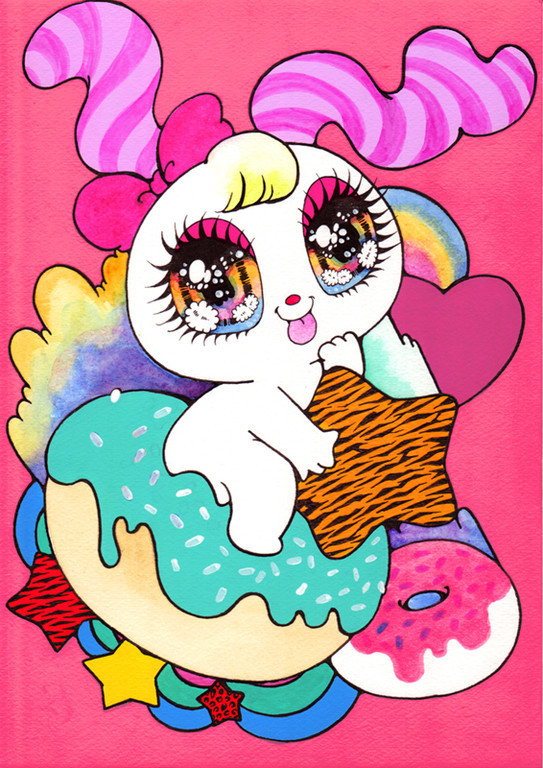 ambiguous_gender animal_print anthro bangs chibi dessert doughnut dripping ear_bow eyelashes food fur icing kemono leopard_print long_ears looking_at_viewer multicolored_eyes nude pastry pink_ears rainbow_eyes smile solo sparkles sparkling_eyes sprinkles star striped_ears superflat tiger_print tongue tongue_out tuft upturned_eyes white_body white_fur yurie_sekiya lagomorph leporid mammal rabbit traditional_media_(artwork) watercolor_(artwork)