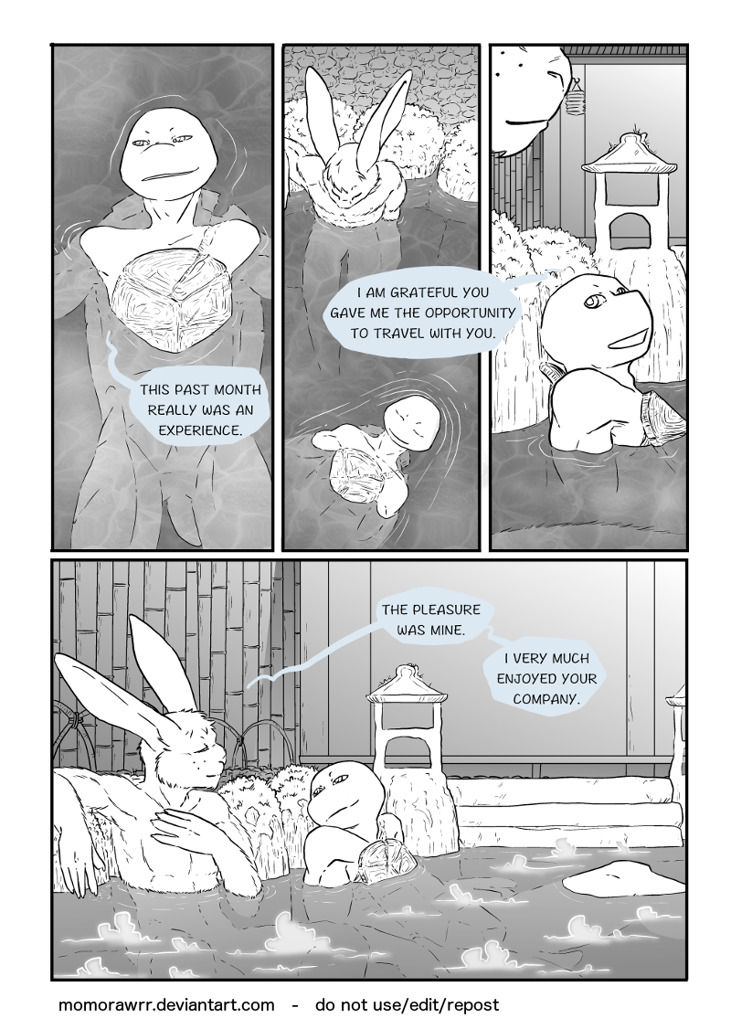 bath bathhouse dialogue duo male male/male nude text water young momorawrr teenage_mutant_ninja_turtles usagi_yojimbo leonardo_(tmnt) miyamoto_usagi lagomorph leporid mammal rabbit reptile scalie turtle comic english_text monochrome url