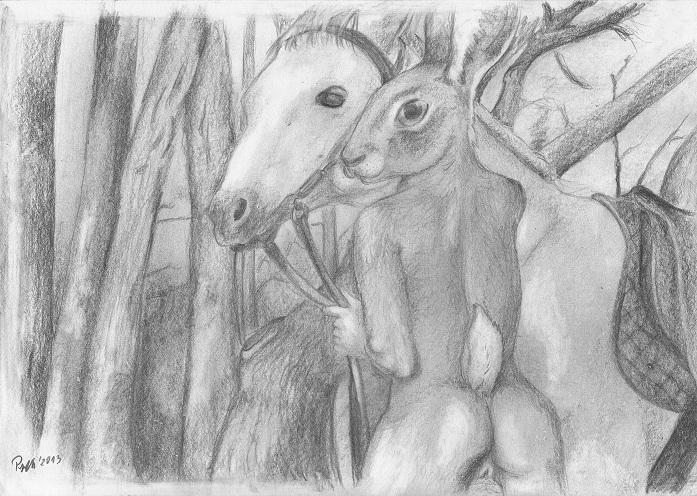 duo female feral male nude foxia equid equine hare horse lagomorph leporid mammal greyscale monochrome