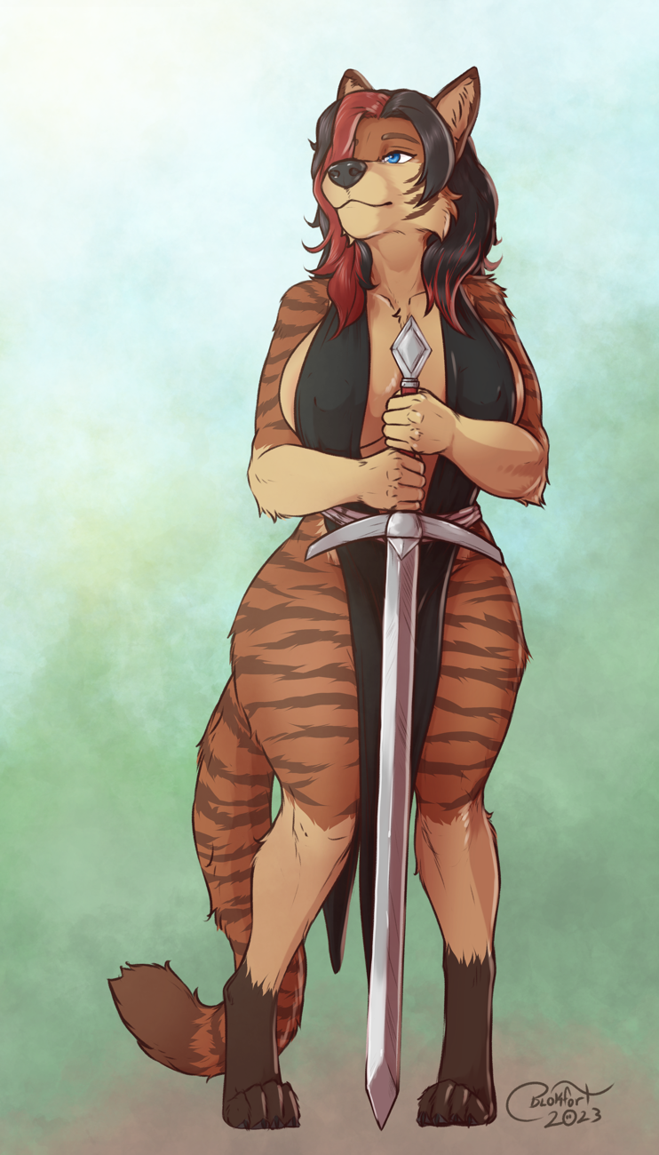 anthro big_breasts black_hair blue_eyes breasts clothed clothing female hair highlights_(coloring) longsword melee_weapon simple_background skimpy solo standing stripes sword weapon blokfort sienna_(vulpinehero) canid canine canis coyote felid hybrid mammal pantherine tiger 2023 hi_res