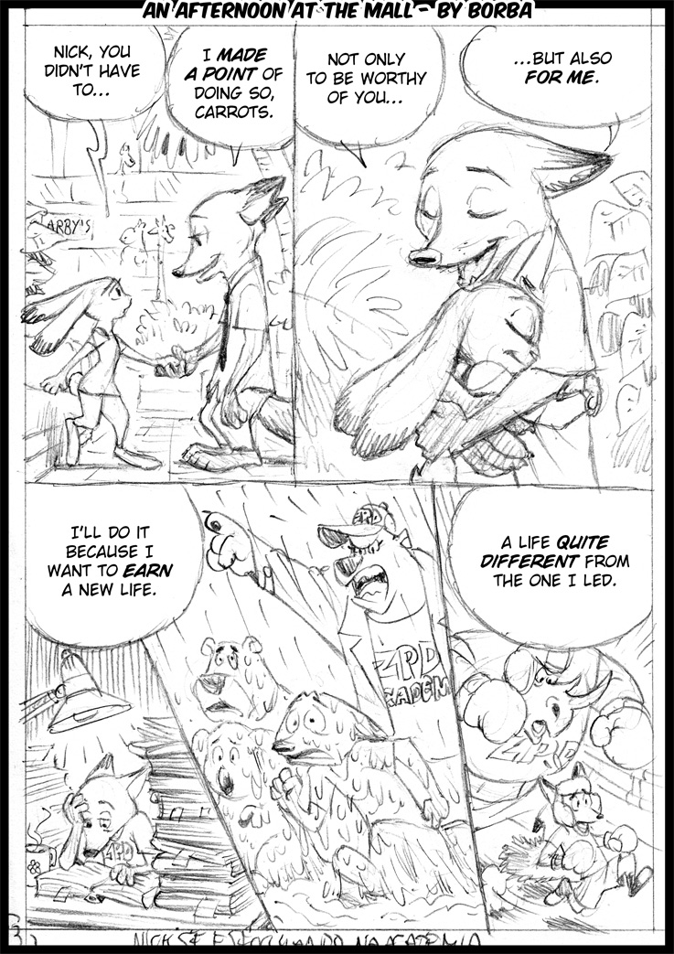 anthro bottomwear clothed clothing dialogue duo group necktie pants running shirt speech_bubble text topwear borba disney zootopia judy_hopps nick_wilde canid canine fox lagomorph leporid mammal rabbit red_fox true_fox 2019 black_and_white comic english_text monochrome sketch