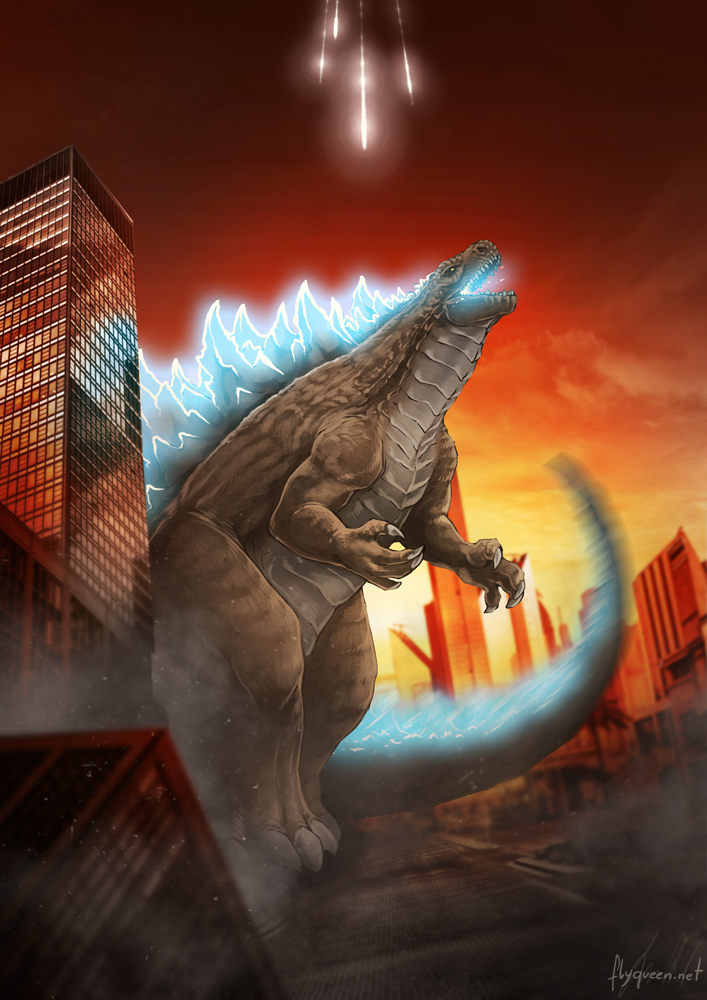 ambiguous_gender bald barefoot building city claws cloud destroy feet feral glowing macro missile nude open_mouth outside sharp_teeth sky solo standing tail teeth toe_claws rotarr godzilla_(series) toho godzilla dinosaur kaiju monster prehistoric_species reptile scalie 2014