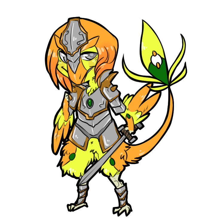 anthro armor chibi knight male melee_weapon plate_armor smile smirk solo sword warrior weapon booou kaven avian bird nevrean alpha_channel