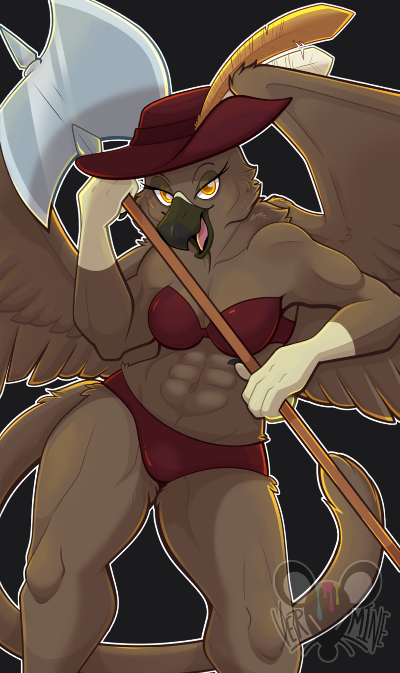 4_fingers abs anthro beak bra brown_body clothed clothing double_bitted_axe eyelashes feathers female fingers greataxe half-closed_eyes hat headgear headwear muscular muscular_female narrowed_eyes panties partially_clothed simple_background solo spread_wings underwear weapon wings yellow_eyes vermine mythology avian bird gryphon mythological_avian mythological_creature hi_res portrait three-quarter_portrait