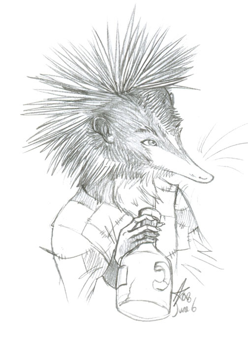 5_fingers ambiguous_gender anthro biped bottle clothed clothing container fingers front_view fur holding_bottle holding_container holding_object jug long_snout patchwork_clothing simple_background snout solo spines whiskers white_background psycrowe afrosoricid mammal streaked_tenrec tenrec 2008 black_and_white bust_portrait graphite_(artwork) monochrome portrait signature traditional_media_(artwork)