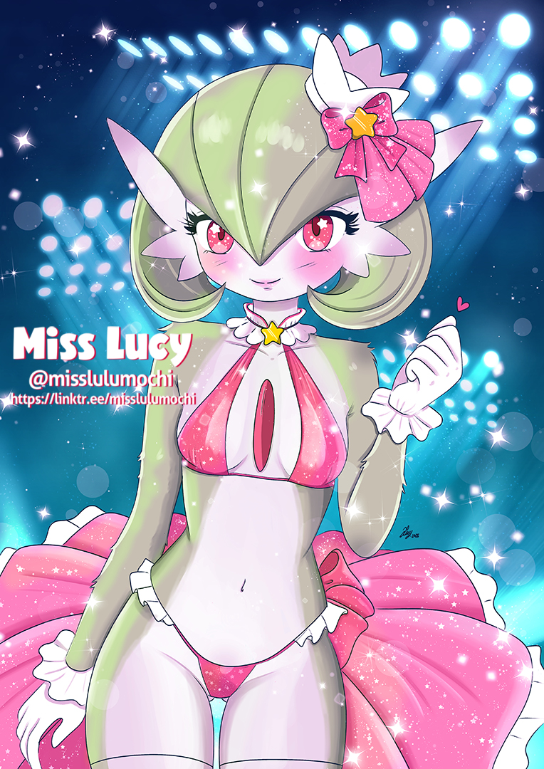 anthro bikini bikini_bottom bikini_thong bikini_top bow_ribbon breasts clothing dancer_outfit female frilly frilly_clothing japan japanese_idol morphing pokemorph poking ribbons small_breasts solo stage_lights star swimwear two-piece_swimsuit misslulumochi nintendo pokemon gardevoir generation_3_pokemon pokemon_(species)