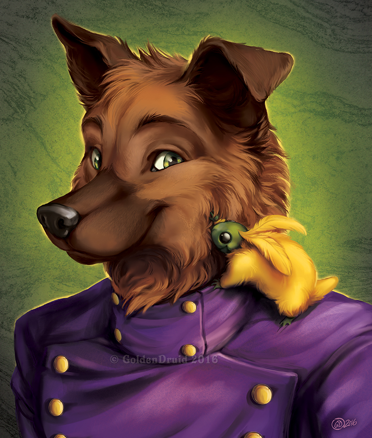 ambiguous_gender anthro black_nose brown_body brown_fur clothed clothing duo fur green_eyes male minion_uniform purple_clothing purple_uniform goldendruid isla_aukate radio_pete alien canid canine canis chirr domestic_dog german_shepherd herding_dog mammal pastoral_dog 2016