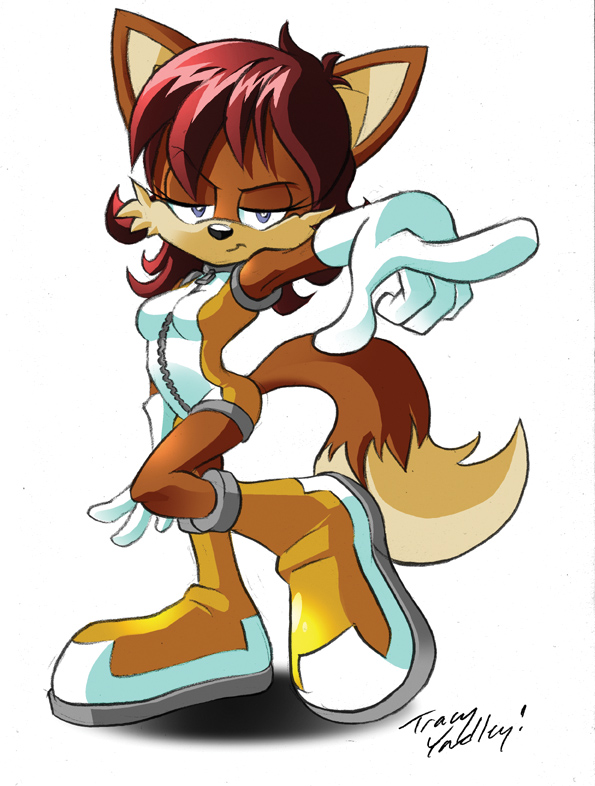 anthro biped brown_body brown_fur brown_hair clothing female footwear fur gesture hair hand_gesture looking_at_viewer pointing shoes simple_background solo standing tail white_background tracy_yardley archie_comics sega sonic_the_hedgehog_(archie) sonic_the_hedgehog_(comics) sonic_the_hedgehog_(series) fiona_fox canid canine fox mammal