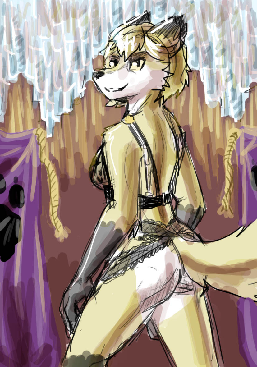 anthro banner breasts butt ceiling_lamp chandelier clothed clothing crossgender female fur gloves_(marking) hair lamp light lights lingerie markings mtf_crossgender tapestry white_body white_fur yellow_sclera mrease twokinds clovis_(twokinds) canid canine canis fox hybrid keidran mammal wolf 2017 lighting sketch