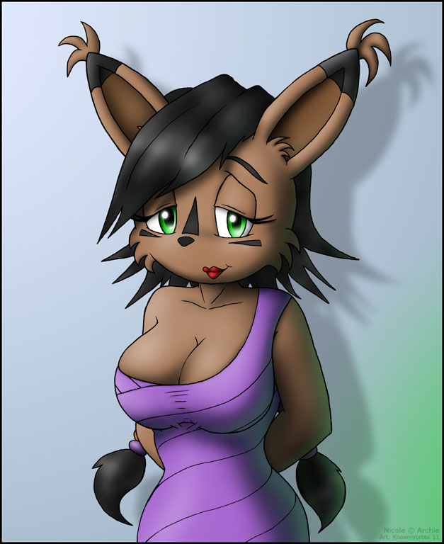 anthro big_breasts black_hair breasts cleavage clothed clothing dress female green_eyes hair looking_at_viewer solo knownvortex archie_comics sega sonic_the_hedgehog_(archie) sonic_the_hedgehog_(comics) sonic_the_hedgehog_(series) nicole_the_lynx digital_creature felid feline lynx mammal