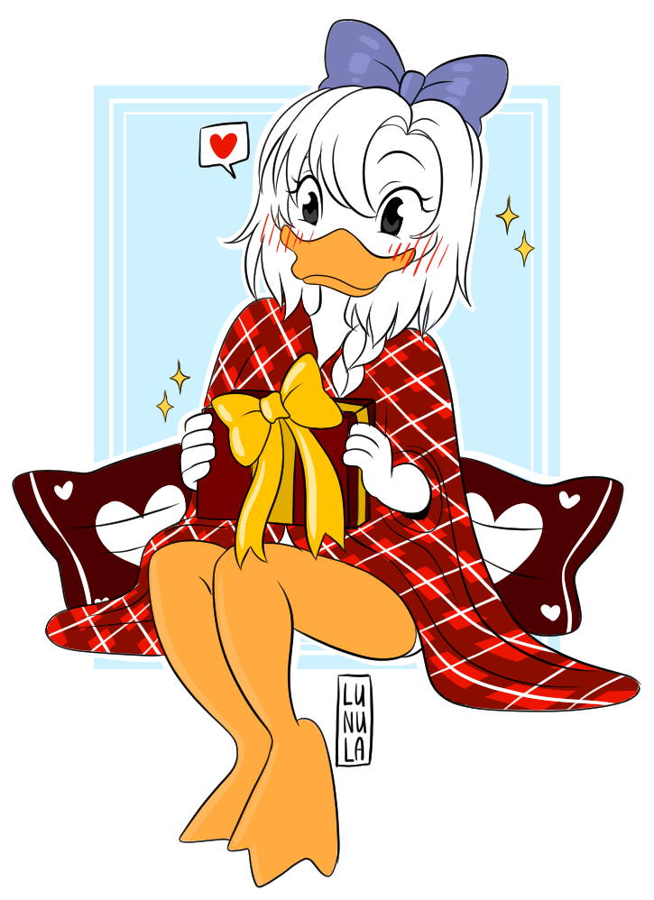 anthro barefoot blush book christmas_gift duck_footed feet female hair happy holding_book holding_object holidays long_hair membrane_(anatomy) mostly_nude purple_hairbow sitting solo toes webbed_feet kinkypeach christmas disney ducktales ducktales_(2017) fan_character marguerite_mallory anatid anseriform avian bird duck