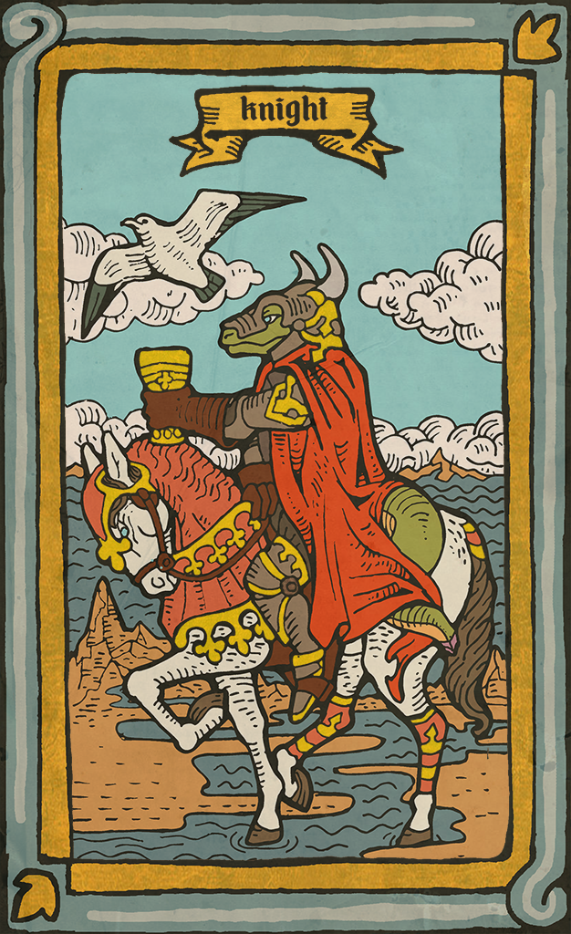 anthro card card_template clothed clothing cloud cups_(tarot) duo_focus feral fortune_telling fur group hair holding_object horn knight_of_cups_(tarot) minor_arcana outside sky tarot tarot_card text musorok dracenmarx lewis_wilmot_(dracenmarx) asian_water_monitor avian bird equid equine gull horse lari larid lizard mammal monitor_lizard reptile scalie digital_media_(artwork) english_text