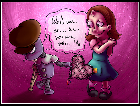 black_border blush border clothing duo female footwear hat headgear headwear machine male pink_background simple_background smile socks missuspatches comedy_central futurama sally_(futurama) tinny_tim human humanoid mammal robot