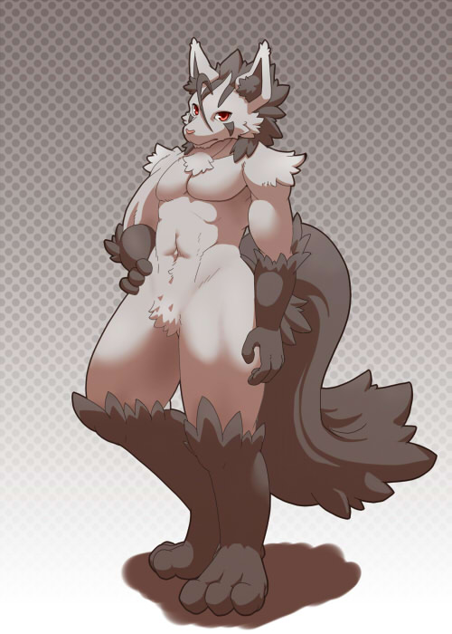 3_toes 4_fingers abstract_background anthro anthrofied barefoot biped chest_tuft feet fingers fur gloves_(marking) grey_body grey_fur grey_hair hair hand_on_hip inner_ear_fluff leg_markings looking_at_viewer male markings muscular muscular_anthro muscular_male pink_nose pokemorph pose pubes red_eyes short_hair socks_(marking) solo standing tail toes tuft biri riot41 nintendo pokemon generation_3_pokemon mammal mightyena pokemon_(species)