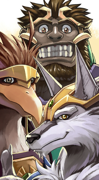 anthro beak black_nose brown_body brown_feathers brown_fur chin_tuft claws facial_tuft feathers finger_claws fur fur_tuft grey_body grey_ears grey_fur grey_inner_ear group looking_at_viewer orange_beak smile teeth trio tuft yellow_eyes inubikko wild_knights_gulkeeva beakwood gariel greyfus accipitrid accipitriform ape avian bird canid canine canis eagle gorilla haplorhine mammal primate wolf