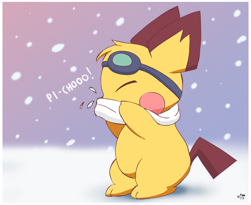 ambiguous_gender black_body black_fur border eyewear eyewear_on_head feral fur goggles goggles_on_head logo pokemon_speak scarf sneeze snow snowing solo text white_border white_scarf yellow_body yellow_fur pichu90 nintendo pokemon sparks_pichu generation_2_pokemon pichu pokemon_(species) 2014 artist_logo