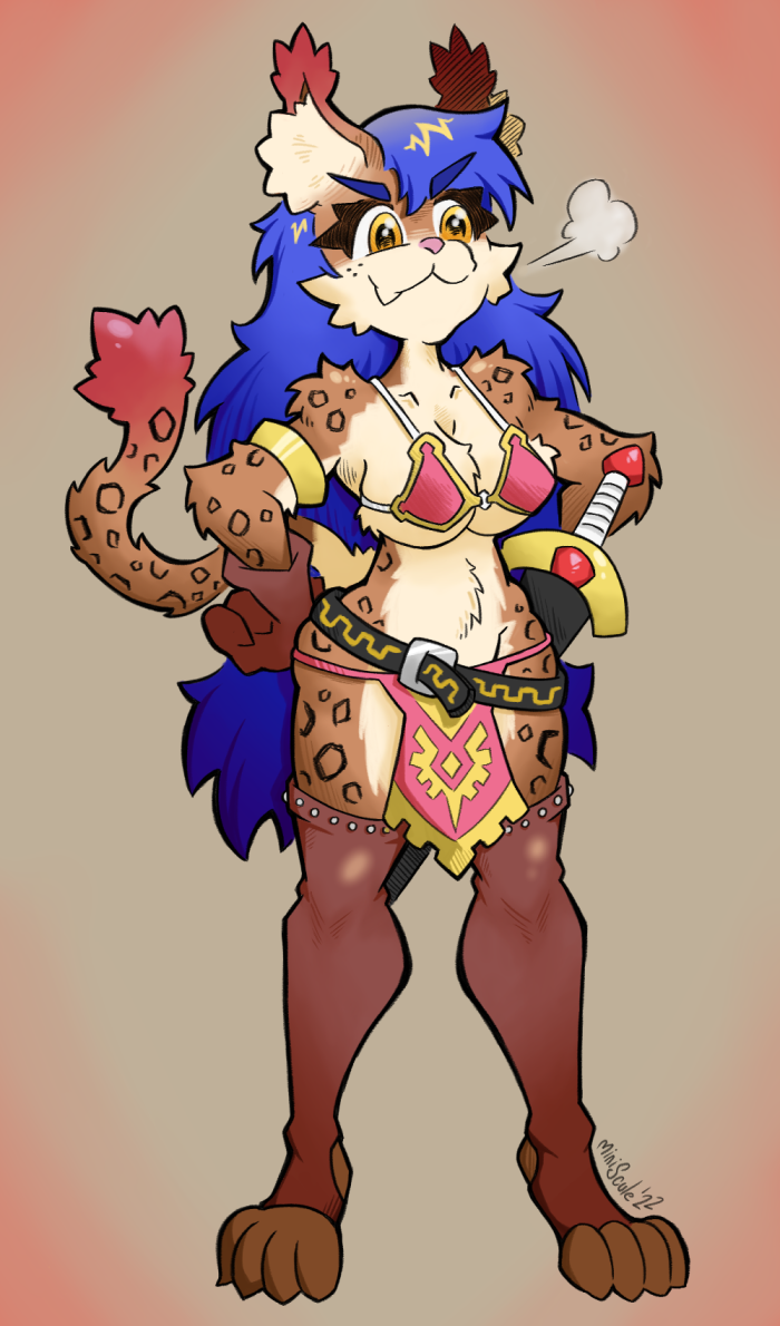 anthro belt bikini bikini_top blue_hair bottomwear breasts breath brown_body brown_fur clothed clothing feet female fur gloves hair half-closed_eyes handwear inner_ear_fluff jewelry legwear loincloth long_hair markings melee_weapon metal_studs narrowed_eyes pink_nose simple_background skimpy smile solo spots spotted_body spotted_fur swimwear sword tail thigh_highs tuft two-piece_swimsuit weapon weapon_on_hip yellow_eyes miniscule_(minisculeiscool) felid feline mammal digital_media_(artwork) full-length_portrait portrait
