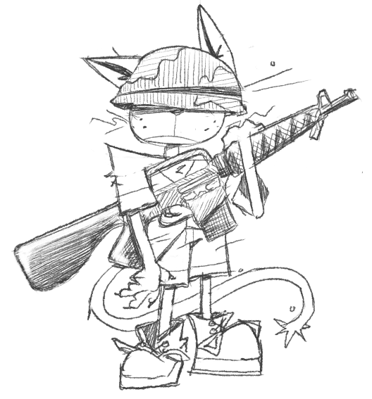 ambiguous_gender anthro armor biped bottomwear clothed clothing covered_eyes footwear gun headgear helmet holding_gun holding_object holding_ranged_weapon holding_weapon mouth_closed nails ranged_weapon shirt shoes shorts simple_background solo standing tail topwear weapon whiskers white_background yarharcannon felid feline mammal 2025 monochrome