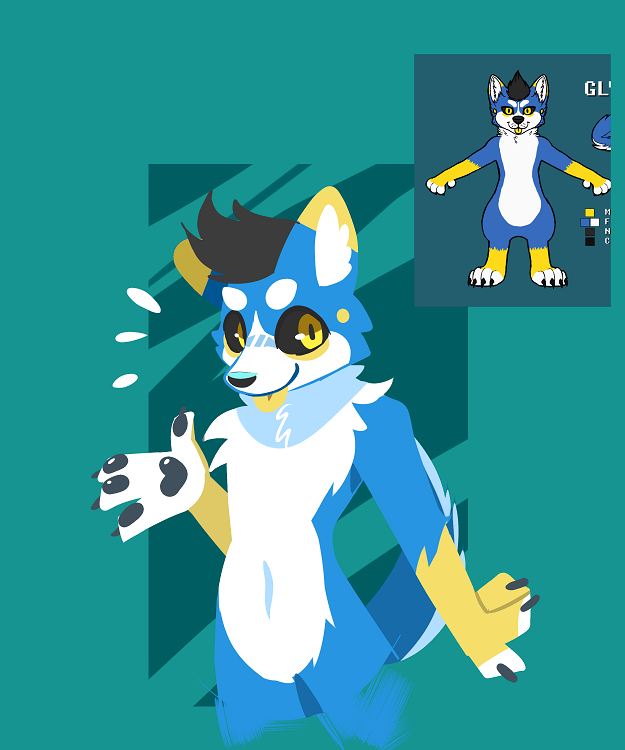 anthro blep blue_body blue_fur fur gloves_(marking) looking_at_viewer male markings solo tongue tongue_out white_body white_fur yellow_body yellow_fur yellow_tongue hydrabb canid canine mammal 2023 5:6 digital_media_(artwork)