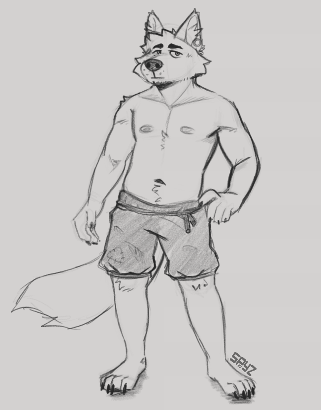 anthro biped bottomwear claws clothed clothing ear_piercing frown half-closed_eyes hand_on_hip looking_at_viewer male narrowed_eyes navel nipples paws piercing plantigrade shorts shorts_only slim solo tail toe_claws topless topless_male spyz_(artist) dust_(spyz) 2025 monochrome sketch watermark