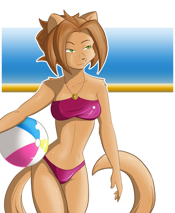 anthro ball beach_ball bikini breasts brown_body brown_fur brown_hair clothing female fur green_eyes hair inflatable solo swimwear tail two-piece_swimsuit evonallure sequential_art kat_vance domestic_cat felid feline felis mammal