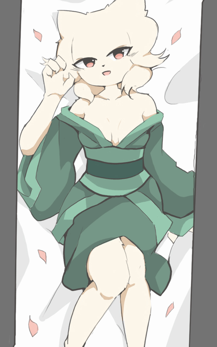 anthro border breasts claw_pose claws cleavage clothed clothing collarbone dakimakura female finger_claws fur green_clothing green_robe grey_border hair high-angle_view knock-kneed looking_at_viewer lying medium_breasts on_back on_pillow open_mouth open_smile pillow pointy_ears prick_ears red_eyes red_leaves robe robe_only smile solo white_body white_fur white_hair wide_sleeves liqueurmask nine_sols red_candle_games heng_(nine_sols) felid feline mammal solarian 2024 chinese_description dakimakura_design digital_drawing_(artwork) digital_media_(artwork) pillarbox portrait three-quarter_portrait