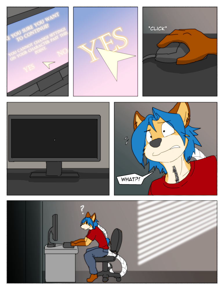 anthro blue_hair chair clothed clothing computer electronics fur furniture hair orange_body orange_fur solo tail tail_wraps text wraps zipper dracojeff able_ellis animate_inanimate canid canine fox living_clothing living_costume living_fursuit mammal comic english_text