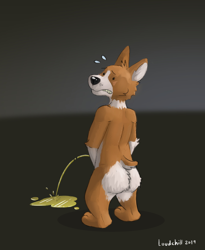 anthro blush bodily_fluids butt embarrassed fur genital_fluids male male_peeing nude peeing simple_background solo urine urine_on_ground urine_pool urine_stream watersports flugeldog canid canine canis domestic_dog herding_dog mammal pastoral_dog welsh_corgi 2019 digital_media_(artwork)