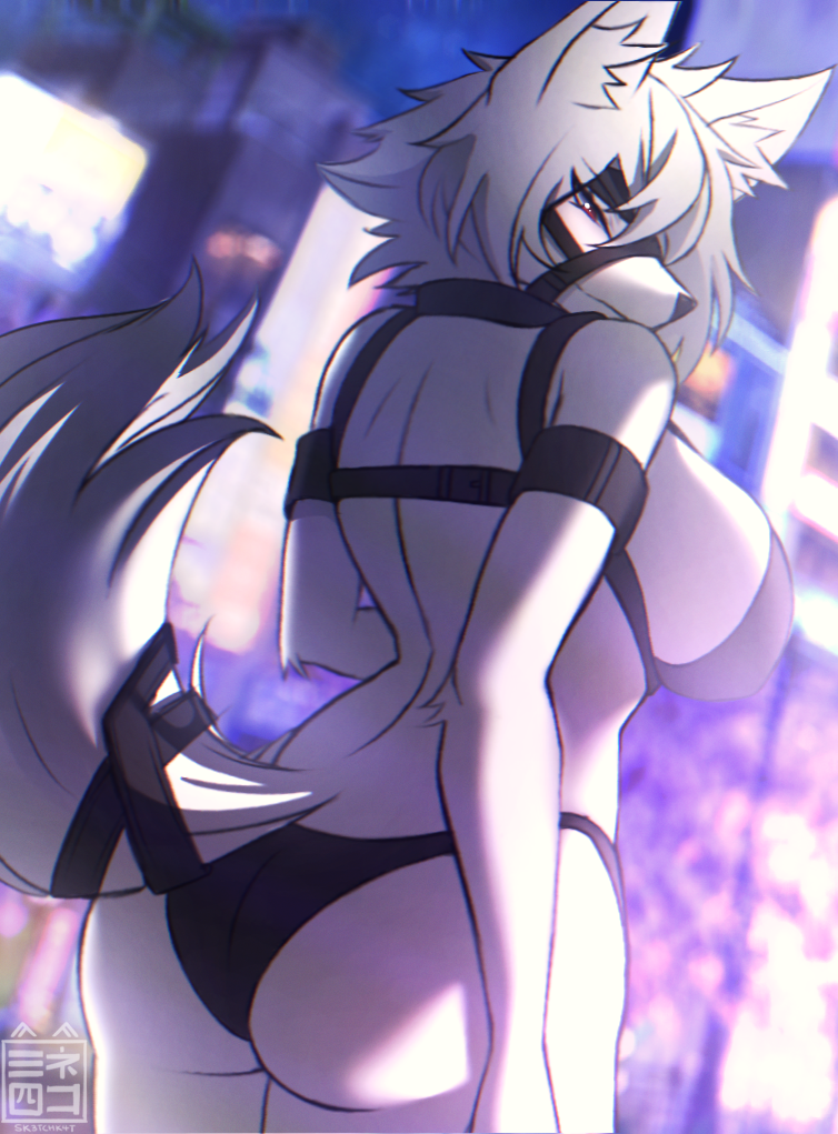 accessory anthro arm_tuft big_breasts black_bra black_clothing black_eyebrows black_nose black_panties black_underwear bra breasts butt clothed clothed_anthro clothed_female clothing crossgender elbow_tuft eyebrows eyelashes eyelashes_through_hair female female_anthro fluffy fluffy_tail ftm_crossgender fur furgonomics hair harness legs_together logo looking_at_viewer looking_back looking_back_at_viewer looking_down looking_down_at_viewer low-angle_view male night outside panties pointy_ears raised_tail red_eyes solo tail tail_accessory text translucent translucent_hair tuft underwear white_body white_fur white_hair white_tail sk3tchk4t mihoyo zenless_zone_zero von_lycaon canid canine canis mammal wolf 2024 artist_logo artist_name digital_drawing_(artwork) digital_media_(artwork)