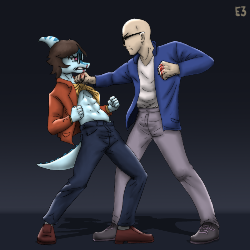 5_fingers abs aggressive angry anthro athletic athletic_anthro athletic_male bald biped blood blood_on_hand blue_body blue_clothing blue_jacket blue_scales blue_topwear bodily_fluids bone_frill bottomwear brown_hair clothed clothing clothing_lift duo eyewear feet fight fingers fist footwear frill_(anatomy) frown grey_background grey_bottomwear grey_clothing grey_pants hair holding_clothing holding_object holding_shirt holding_topwear humanoid_feet humanoid_hands jacket long_tail looking_at_another male markings medium_hair multicolored_body multicolored_scales nosebleed orange_clothing orange_jacket orange_topwear pants plantigrade purple_eyes scales shadow shirt shirt_lift shoes side_view simple_background spiked_tail spikes spikes_(anatomy) standing striped_markings stripes sunglasses tail tan_bottomwear tan_clothing tan_pants teeth topwear two_tone_body two_tone_scales white_clothing white_shirt white_topwear yellow_clothing yellow_shirt yellow_topwear purplekatsnek cavemanon_studios i_wani_hug_that_gator benjamin_mcknight inco_(iwhtg) dinosaur hadrosaurid human mammal ornithischian ornithopod parasaurolophus prehistoric_species reptile scalie 1:1 2024 colored shaded