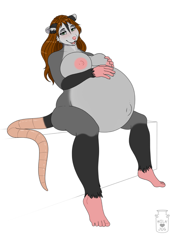 anthro belly big_belly brown_hair female fur glistening glistening_eyes gloves_(marking) green_eyes grey_body grey_fur hair huge_belly leg_markings logo long_hair looking_at_viewer markings nipples nude open_mouth open_smile pink_nipples pink_nose pregnant pregnant_anthro pregnant_female simple_background sitting smile socks_(marking) solo white_background milk-jug vaidita_o'possum american_opossum mammal marsupial artist_logo colored digital_drawing_(artwork) digital_media_(artwork)