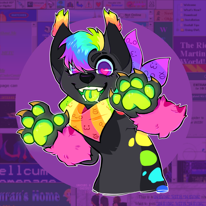 4_fingers anthro black_body black_eyebrows black_fur black_nose black_skin claws eyebrows eyelashes fangs finger_claws fingers fur glowing glowing_pawpads glowing_tongue green_pawpads green_tongue hair heart_pupils kerchief looking_at_viewer male markings multicolored_hair multicolored_kerchief multicolored_neckerchief multicolored_spots neckerchief neckwear open_mouth open_smile outline pawpads pink_body pink_fur purple_eyes rainbow_hair rainbow_kerchief rainbow_neckerchief short_hair smile smiling_at_viewer solo spots spotted_body spotted_skin teeth text tongue white_outline yellow_claws chotpot unicubs terrorbyte_(chotpot) canid canine canis computer_virus_(species) domestic_dog mammal 1:1 2017 artist_collaboration colored digital_drawing_(artwork) digital_media_(artwork) english_description english_text half-length_portrait portrait