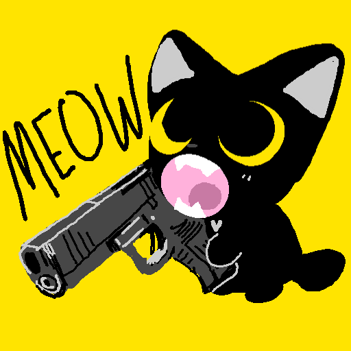 8-bit ambiguous_gender black_body feral gun handgun holding_gun holding_handgun holding_object holding_pistol holding_ranged_weapon holding_weapon meow monotone_background on_hind_legs open_mouth pistol ranged_weapon simple_background solo tail teeth text weapon yellow_background yellow_sclera young pester different_strokes_gallery domestic_cat felid feline felis mammal 1:1 english_text source_request