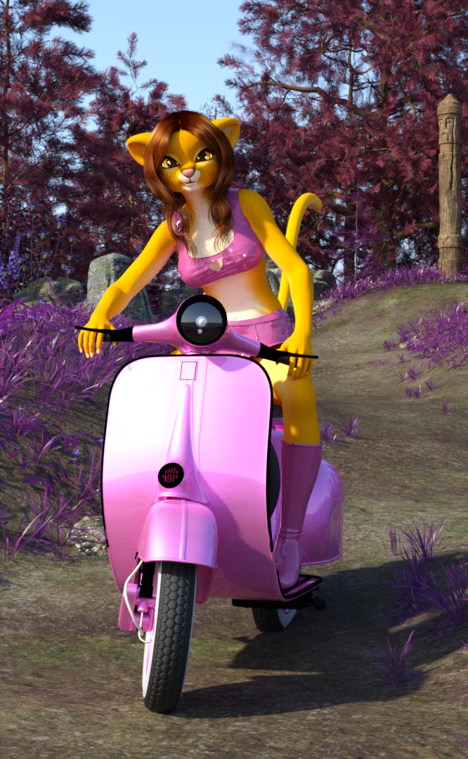 anthro bikini biped boots bottomwear clothed clothing female footwear forest hair high_heels keyhole_bikini keyhole_clothing keyhole_topwear latex miniskirt motor_scooter motor_vehicle plant rear_view shirt shoes skirt solo swimwear tank_top topwear tree two-piece_swimsuit kawaoneechan vespa letrune domestic_cat felid felin feline felis mammal 2020 3d_(artwork) digital_media_(artwork)