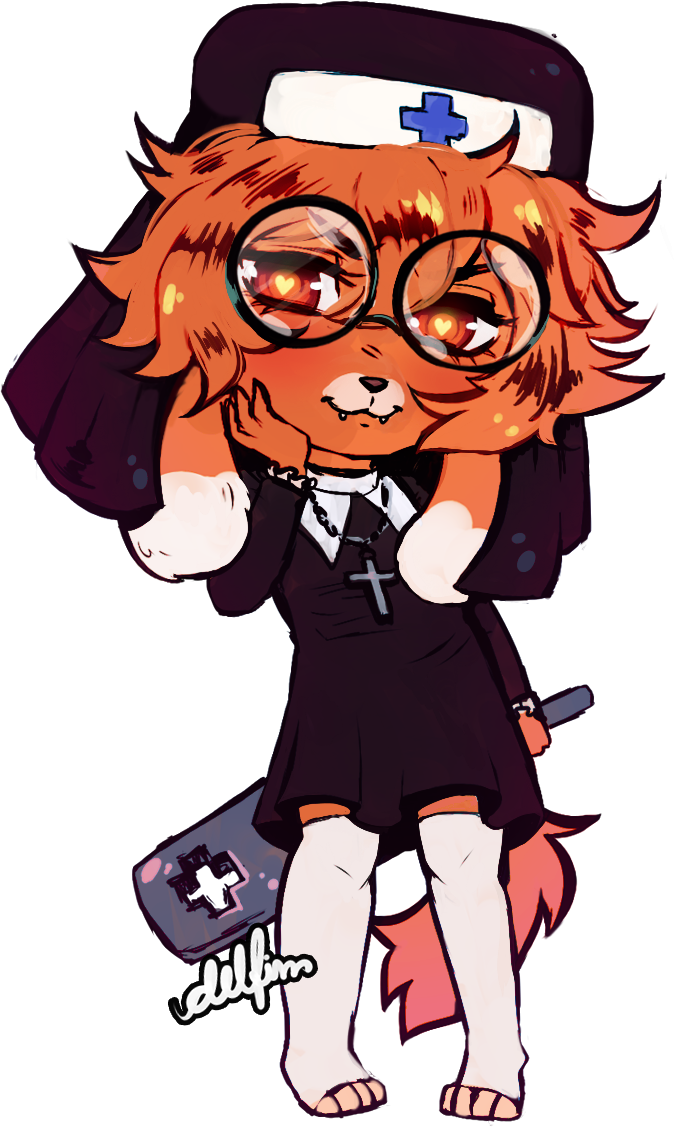 ambiguous_gender anthro chibi clothing eyewear femboy glasses legwear nun solo stockings delfim cuehors maly_paczek canid canine canis domestic_dog mammal alpha_channel