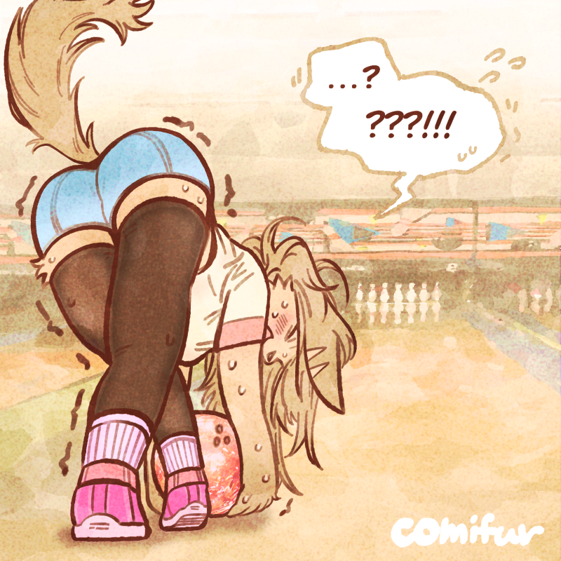 anthro blush bodily_fluids bottomwear bowling bowling_alley bowling_ball bowling_pin breasts butt clothed clothing denim denim_bottomwear denim_clothing denim_shorts female fur leggings legwear shorts smile solo sweat text comifur loomy_(comifur) canid canine mammal 1:1 english_text