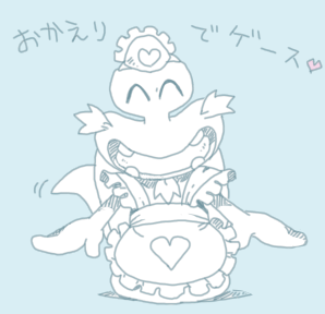 anthro clothed clothing crossdressing eyes_closed facial_hair goatee happy heart_symbol maid_uniform male mature_anthro mature_male open_mouth shell smile solo teeth text uniform kouhakugohan kirby:_right_back_at_ya! kirby_(series) nintendo escargoon gastropod mollusk snail japanese_text low_res monochrome translation_request