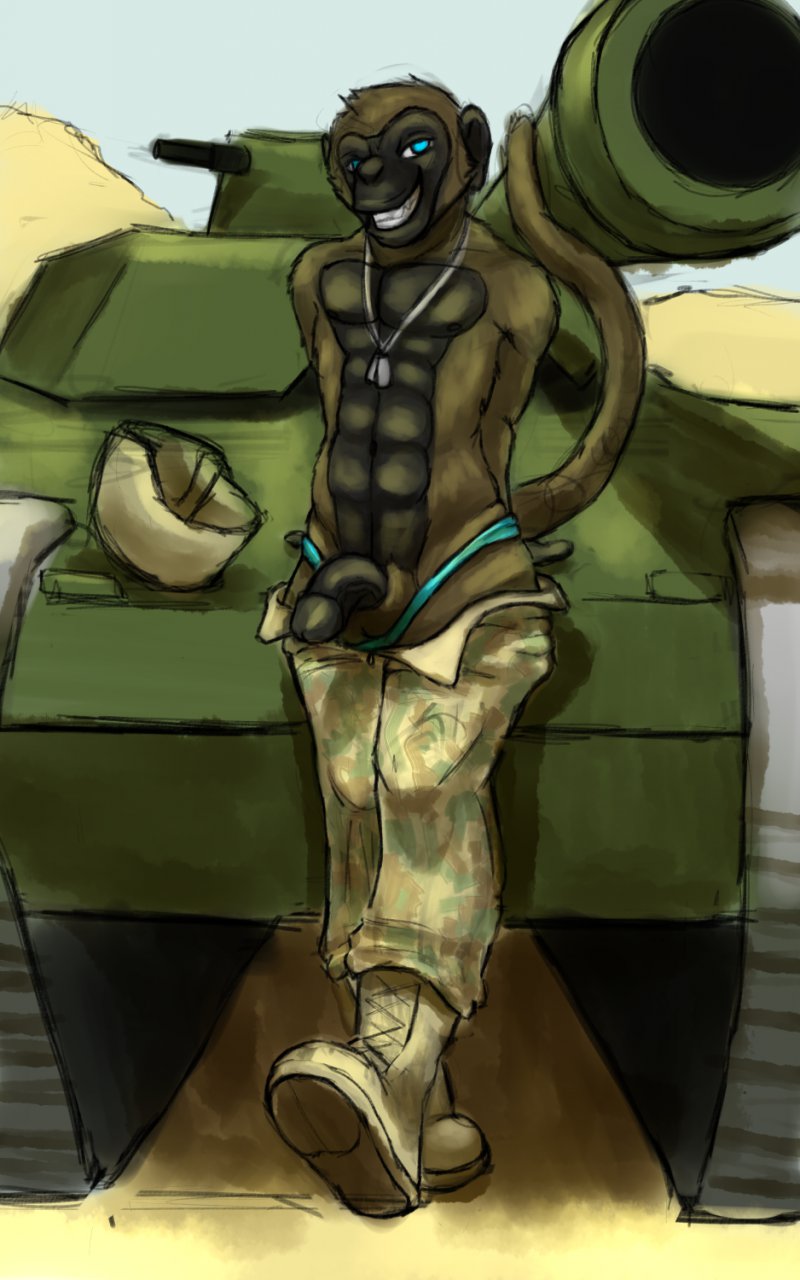 abs animal_genitalia anthro armor army athletic athletic_anthro athletic_male balls black_penis blue_eyes boots bottomwear brown_body brown_fur camo clothed clothing dog_tags flaccid footwear fur genitals grin headgear helmet jewelry jockstrap leaning leaning_backward looking_at_viewer male navel necklace outside pants pants_around_thighs pecs penis sheath shoes smile solo standing tan_boots tan_bottomwear tan_clothing tan_footwear tan_pants tank topless underwear undressing vehicle nommz valin_(nommz) haplorhine mammal monkey primate 2012 5:8 hi_res